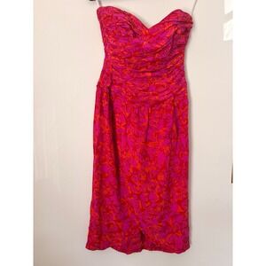 Silk Studio Vintage 100% Silk Strapless Ruched Midi Dress Pink Orange Floral Sz8